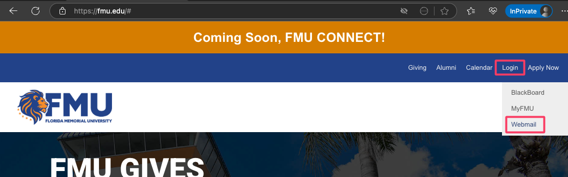 FMU website Login menu with Webmail option