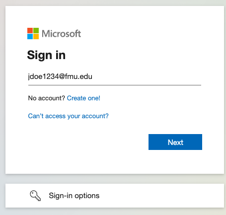 Microsoft sign-in screen — enter your FMU email