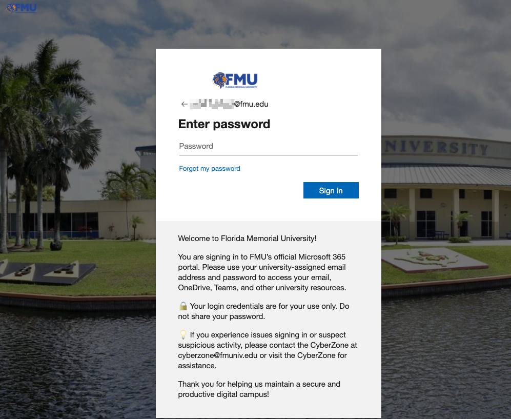 Password screen with the university's official background