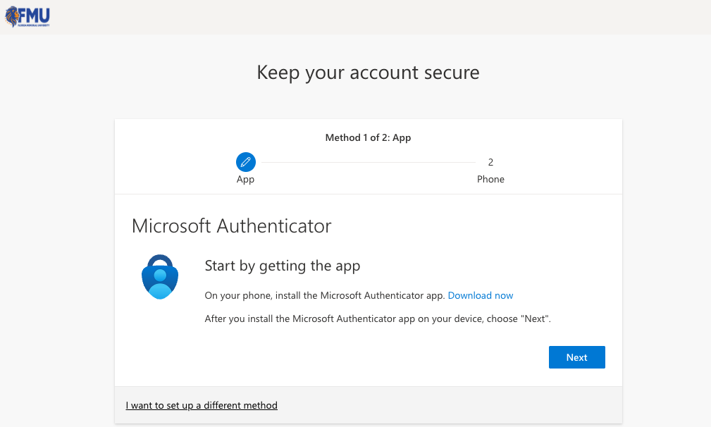 Microsoft Authenticator app selected as the MFA method
