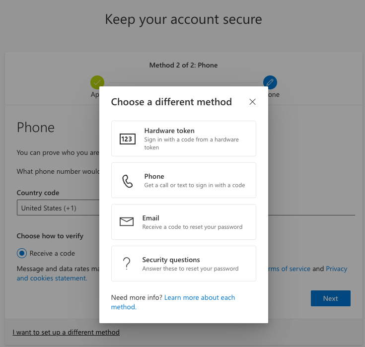 Adding a backup phone number or alternate email for MFA