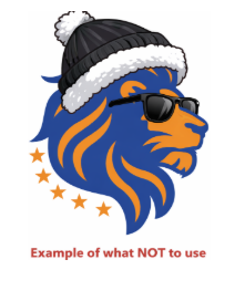 Example of what NOT to use: illustrated lion mascot wearing a hat and sunglasses