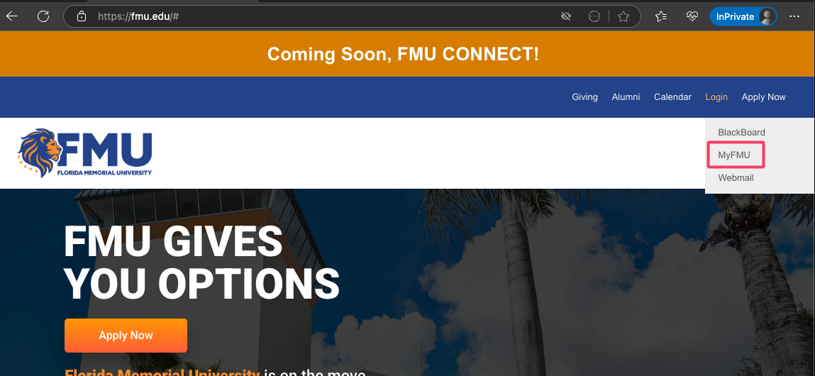 FMU website top menu with the Login drop-down showing the MyFMU option