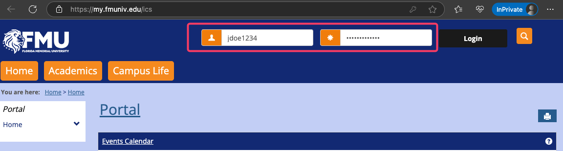 MyFMU student portal login screen with username and password fields
